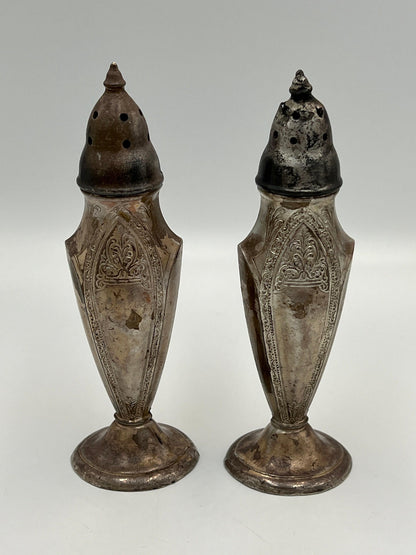 Poole Vintage Salt and Pepper Shakers, Silver Plated Astor Pattern (Tall, Slender)