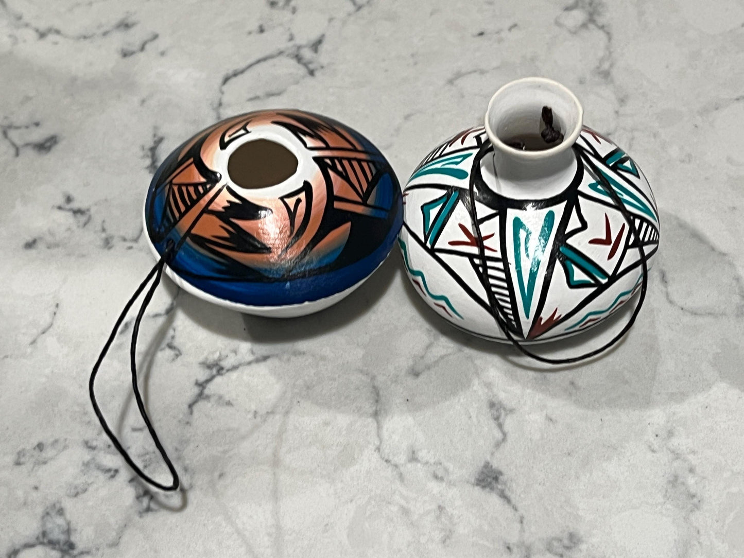 Seed Pot Ornaments: Native American Miniature Pottery (Signed, Pair)
