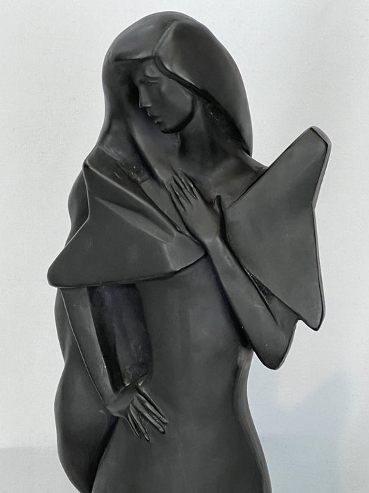 Woman Statue by David Fisher: Tall Black Resin - 1980s Mod Style