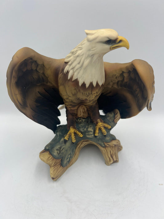 Vintage Ceramic Bald Eagle Statue: Perched with Open Wings