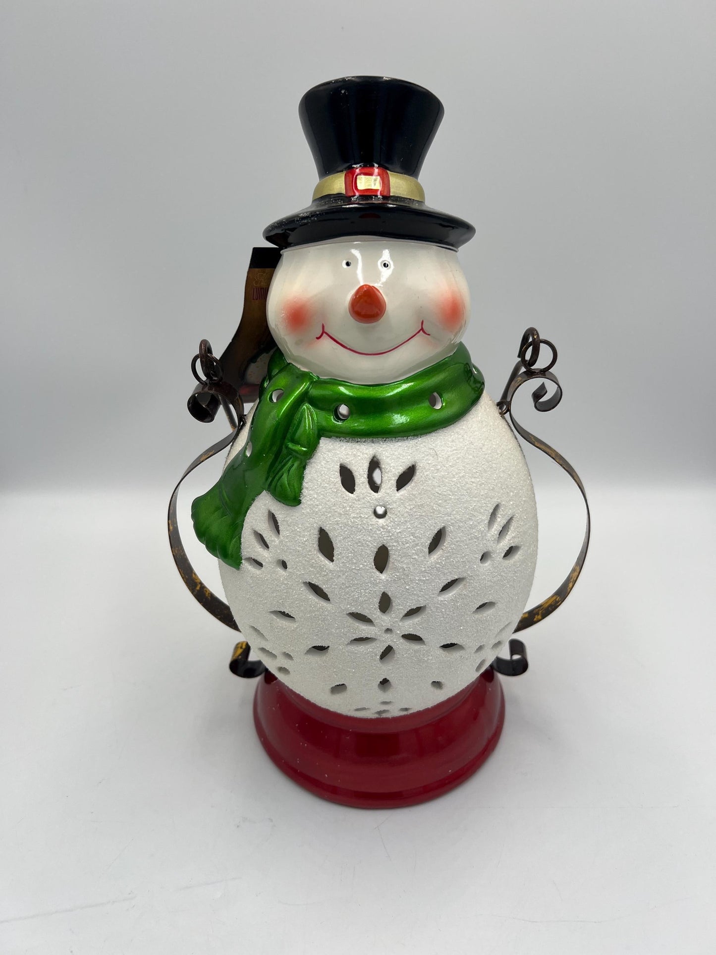 Christmas Snowman Lantern, Green Scarf and Top Hat (11 Inches Tall)