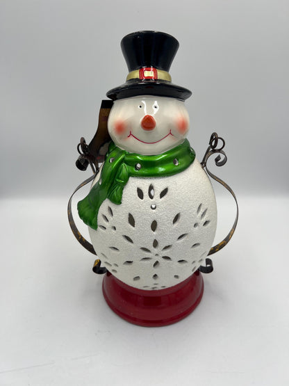 Christmas Snowman Lantern, Green Scarf and Top Hat (11 Inches Tall)