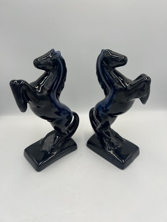 Blue Mountain Pottery Horses / Pair of Cobalt Blue Drip BMP Rearing Horses / Set of BMP Horse Bookends / BMP Canada