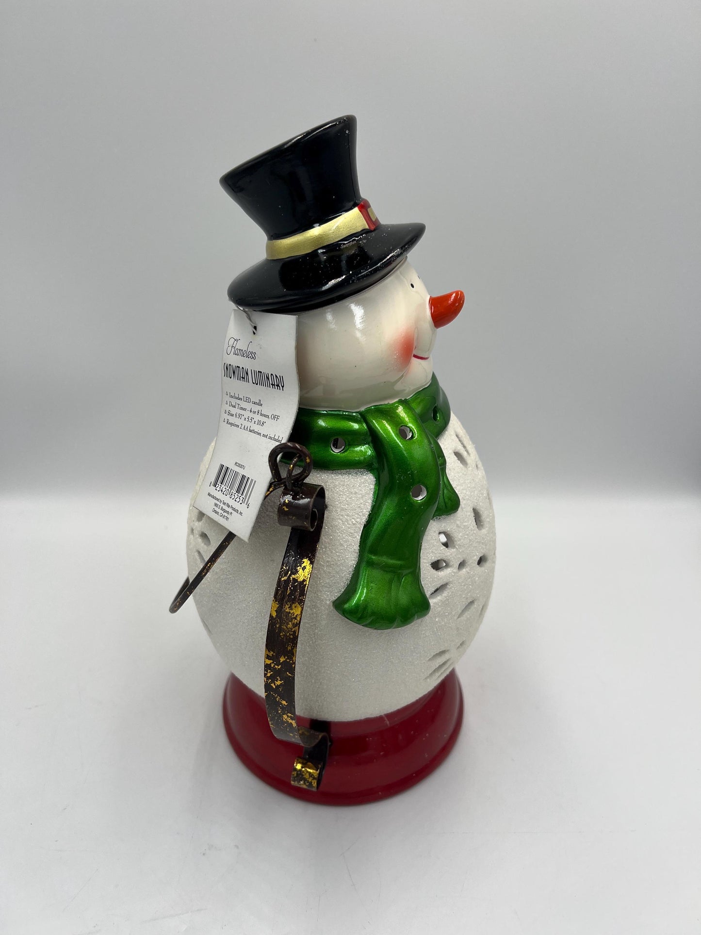 Christmas Snowman Lantern, Green Scarf and Top Hat (11 Inches Tall)