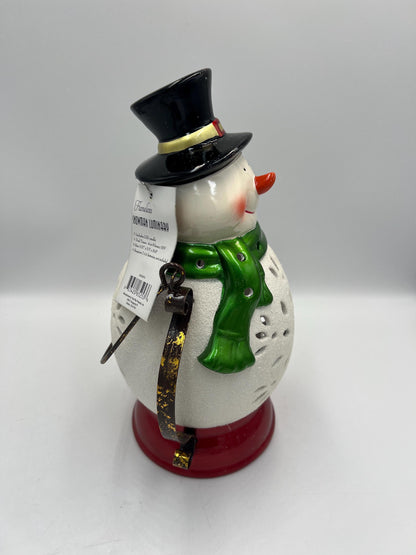 Christmas Snowman Lantern, Green Scarf and Top Hat (11 Inches Tall)