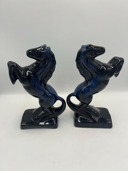 Blue Mountain Pottery Horses / Pair of Cobalt Blue Drip BMP Rearing Horses / Set of BMP Horse Bookends / BMP Canada