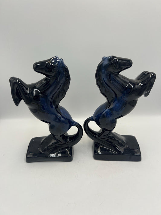 Blue Mountain Pottery Horses / Pair of Cobalt Blue Drip BMP Rearing Horses / Set of BMP Horse Bookends / BMP Canada