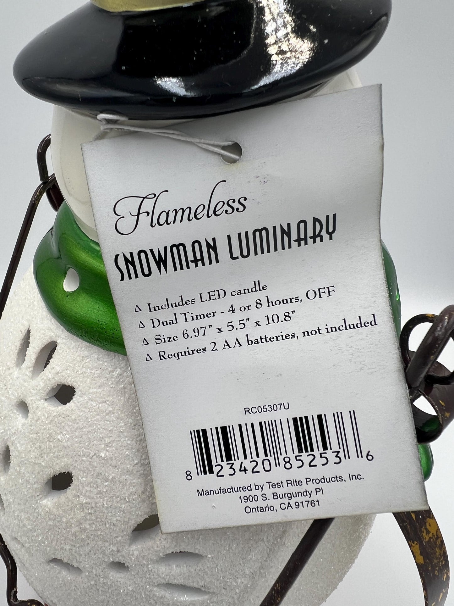 Christmas Snowman Lantern, Green Scarf and Top Hat (11 Inches Tall)