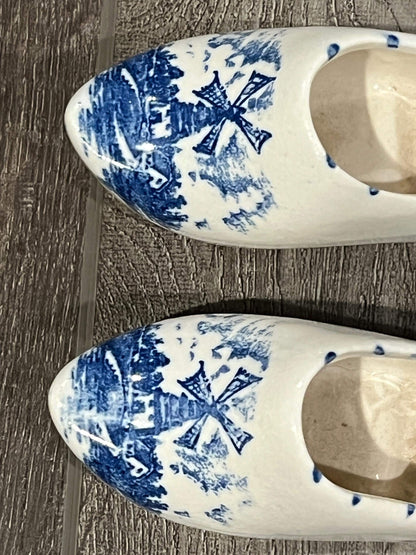 Vintage Pair BRECHNER & Co. Delft Blue Dutch Shoe Ashtray Hand-Painted Windmill