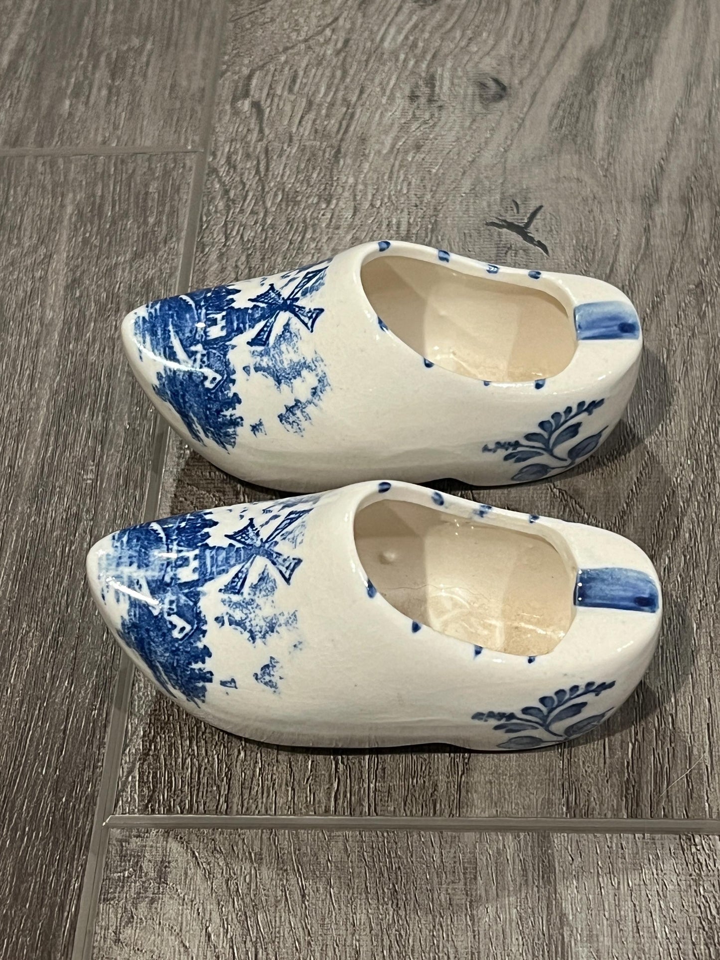 Vintage Pair BRECHNER & Co. Delft Blue Dutch Shoe Ashtray Hand-Painted Windmill