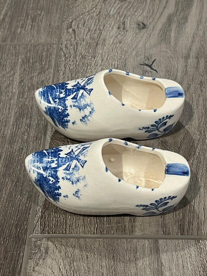 Vintage Pair BRECHNER & Co. Delft Blue Dutch Shoe Ashtray Hand-Painted Windmill
