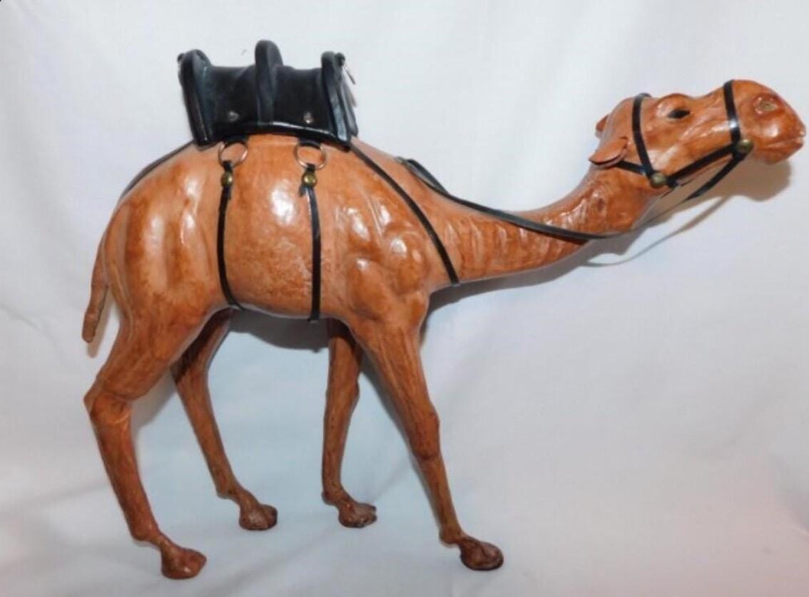 Vintage Dromedary Leather Wrapped Standing Camel Figure Statue 14" Tall W/Saddle and 2 Smaller Camels