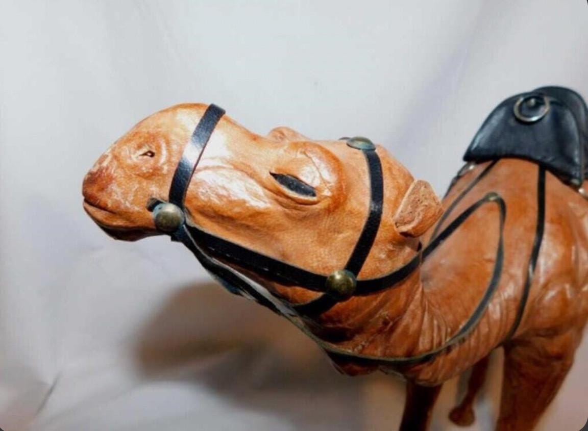 Vintage Dromedary Leather Wrapped Standing Camel Figure Statue 14" Tall W/Saddle and 2 Smaller Camels