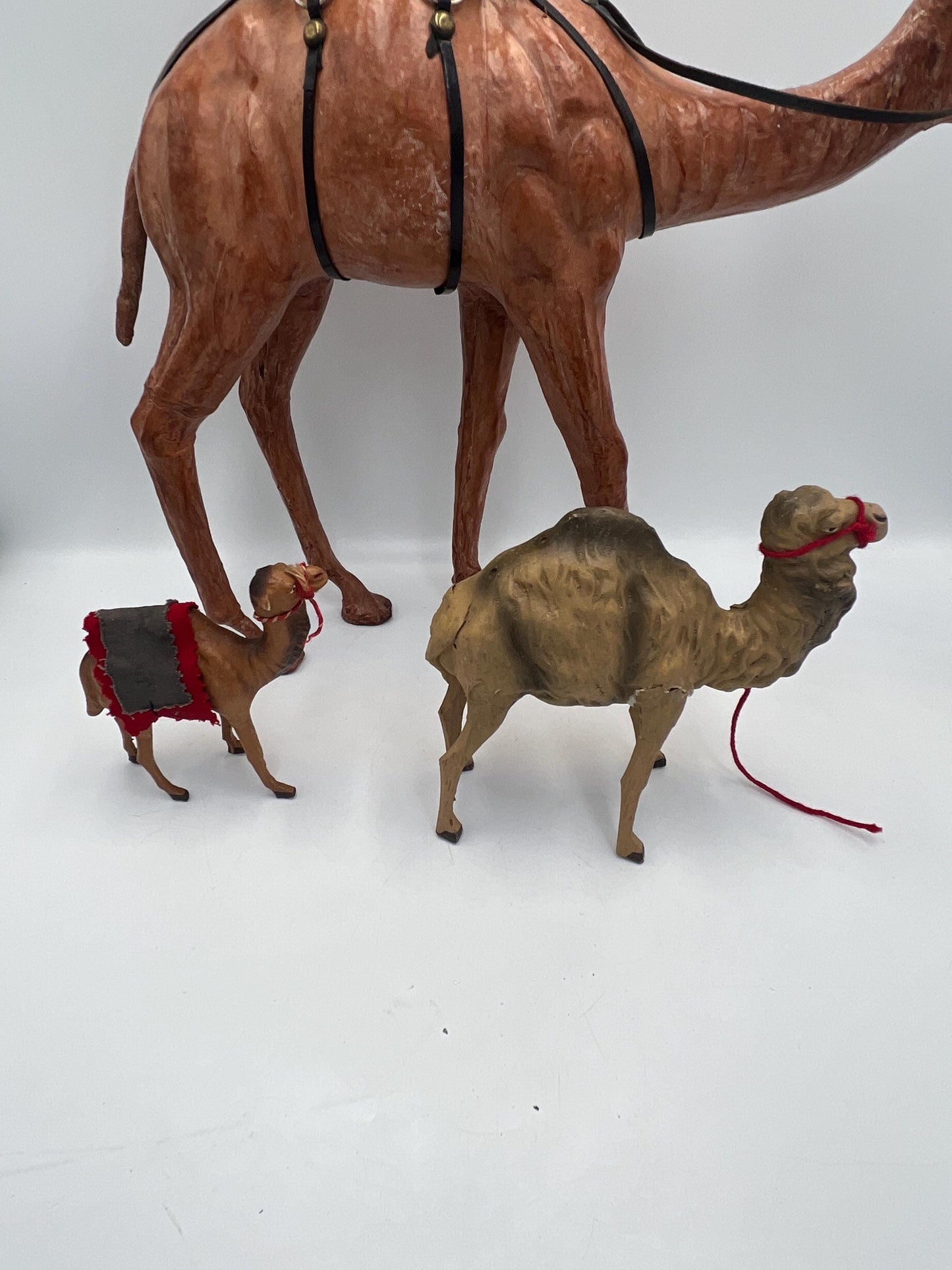 Vintage Dromedary Leather Wrapped Standing Camel Figure Statue 14" Tall W/Saddle and 2 Smaller Camels