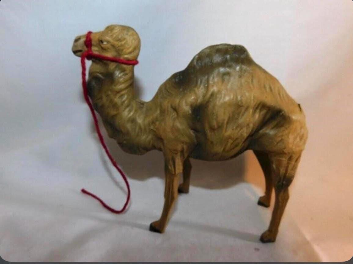 Vintage Dromedary Leather Wrapped Standing Camel Figure Statue 14" Tall W/Saddle and 2 Smaller Camels