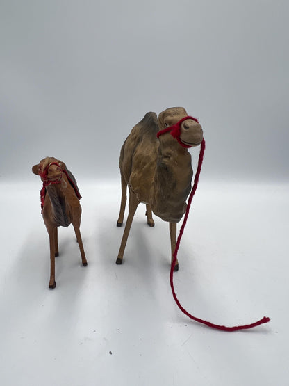 Vintage Dromedary Leather Wrapped Standing Camel Figure Statue 14" Tall W/Saddle and 2 Smaller Camels