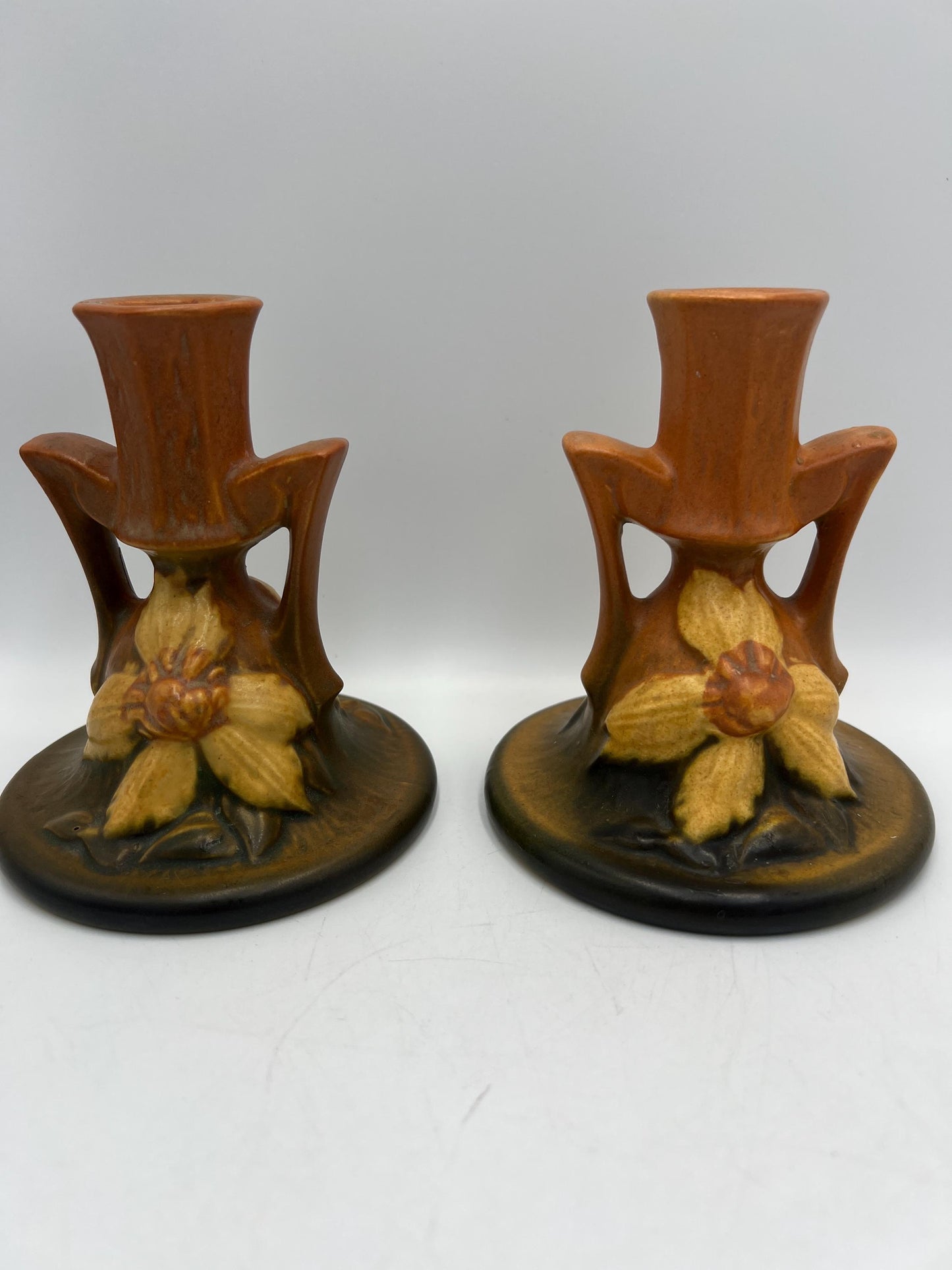 Roseville Clematis Autumn Brown Wall Pocket Vase and Candlestick Holders- Your Choice