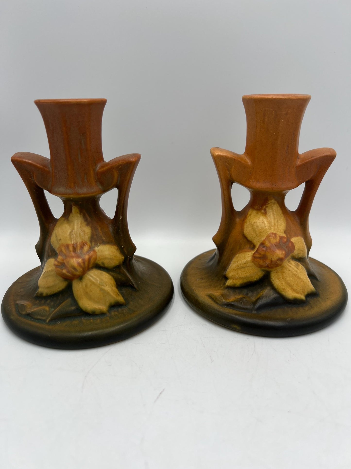 Roseville Clematis Autumn Brown Wall Pocket Vase and Candlestick Holders- Your Choice