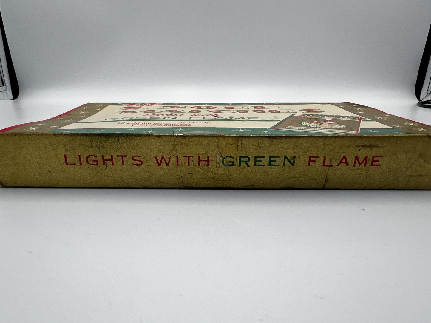 Noel Matchbox Set: 1950s Gold Foil with Green Flame - Holiday Decor