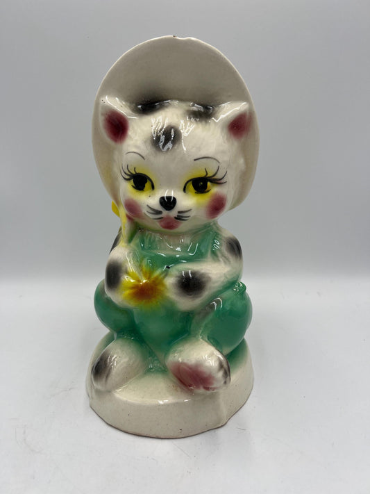 Vintage Cat with Bonnet Bank - Mid Century, Retro Decor