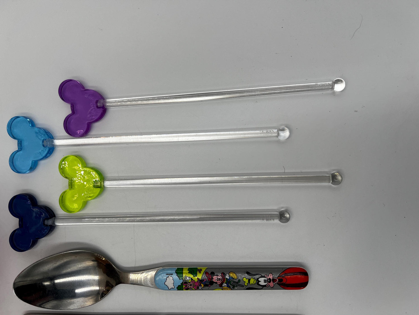 DISNEY Mickey Mouse Lot of Utensils Cutlery for Kids - Swizzle Sticks - Stoirrers- Silverware - Bread Sandwich - Cups