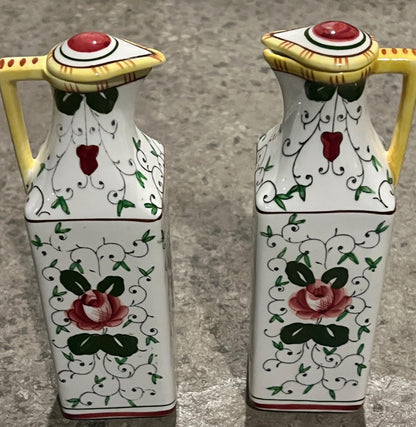 Vintage Ucagco Early Provincial Rooster and Roses Oil and Vinegar Cruet Set