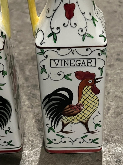 Vintage Ucagco Early Provincial Rooster and Roses Oil and Vinegar Cruet Set