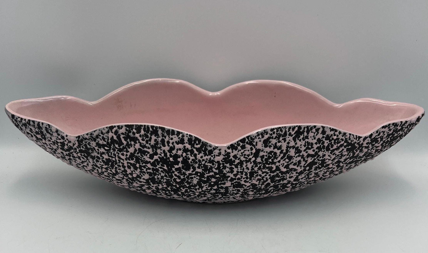 Vintage MCM Shawnee Pottery Pink Black Splatter Confetti Oval Console Bowl Planter Flower Pot Large