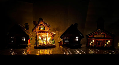 Christmas Village - Ready to go - 7 Pieces - 5 Lighted Houses - 2 Partylite Candle / Votive Holders