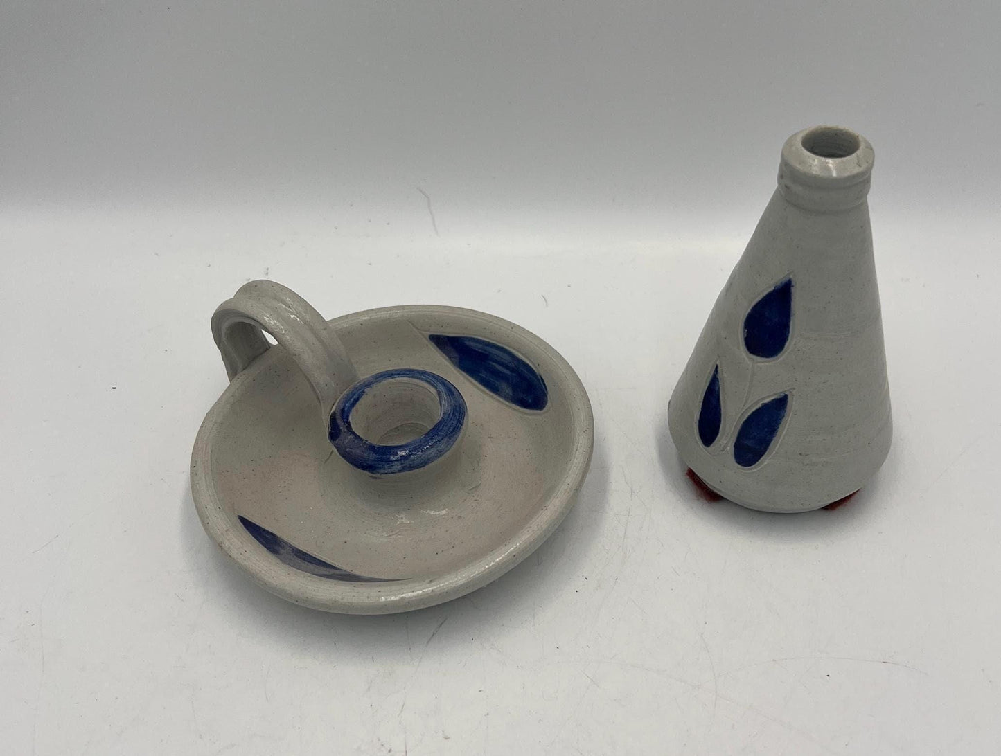 Ceramic Williamsburg Pottery Set Salt Glazed Candlestick Holders and Bud Vase - 3pc lot