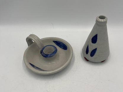 Ceramic Williamsburg Pottery Set Salt Glazed Candlestick Holders and Bud Vase - 3pc lot