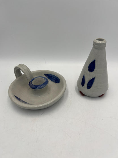 Ceramic Williamsburg Pottery Set Salt Glazed Candlestick Holders and Bud Vase - 3pc lot
