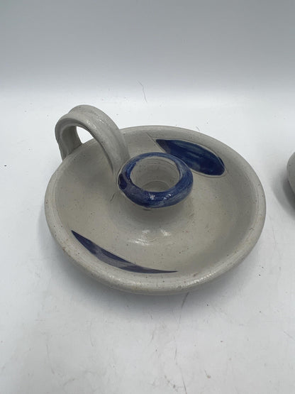 Ceramic Williamsburg Pottery Set Salt Glazed Candlestick Holders and Bud Vase - 3pc lot