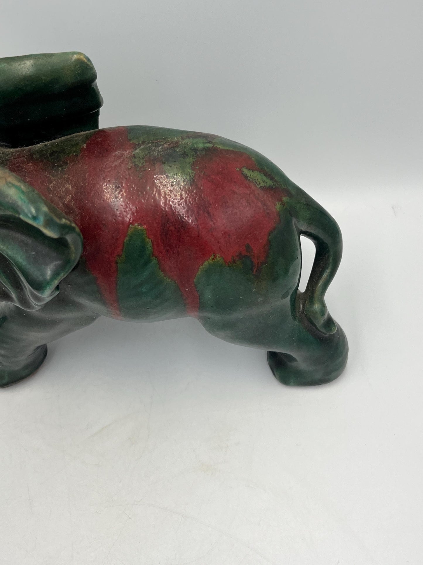 Elephant Figurine: Vintage Art Pottery (Green & Red Glaze)