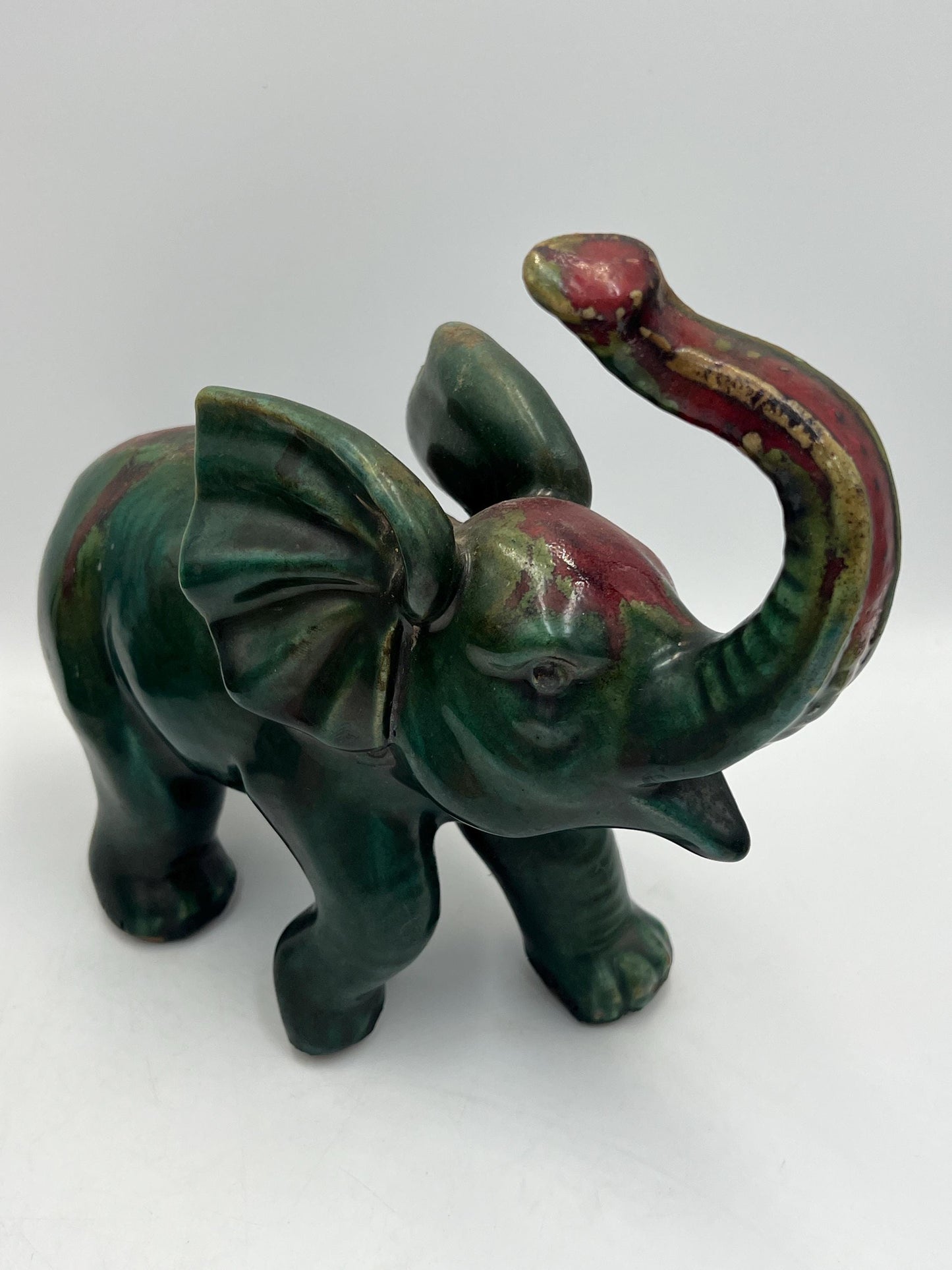 Elephant Figurine: Vintage Art Pottery (Green & Red Glaze)