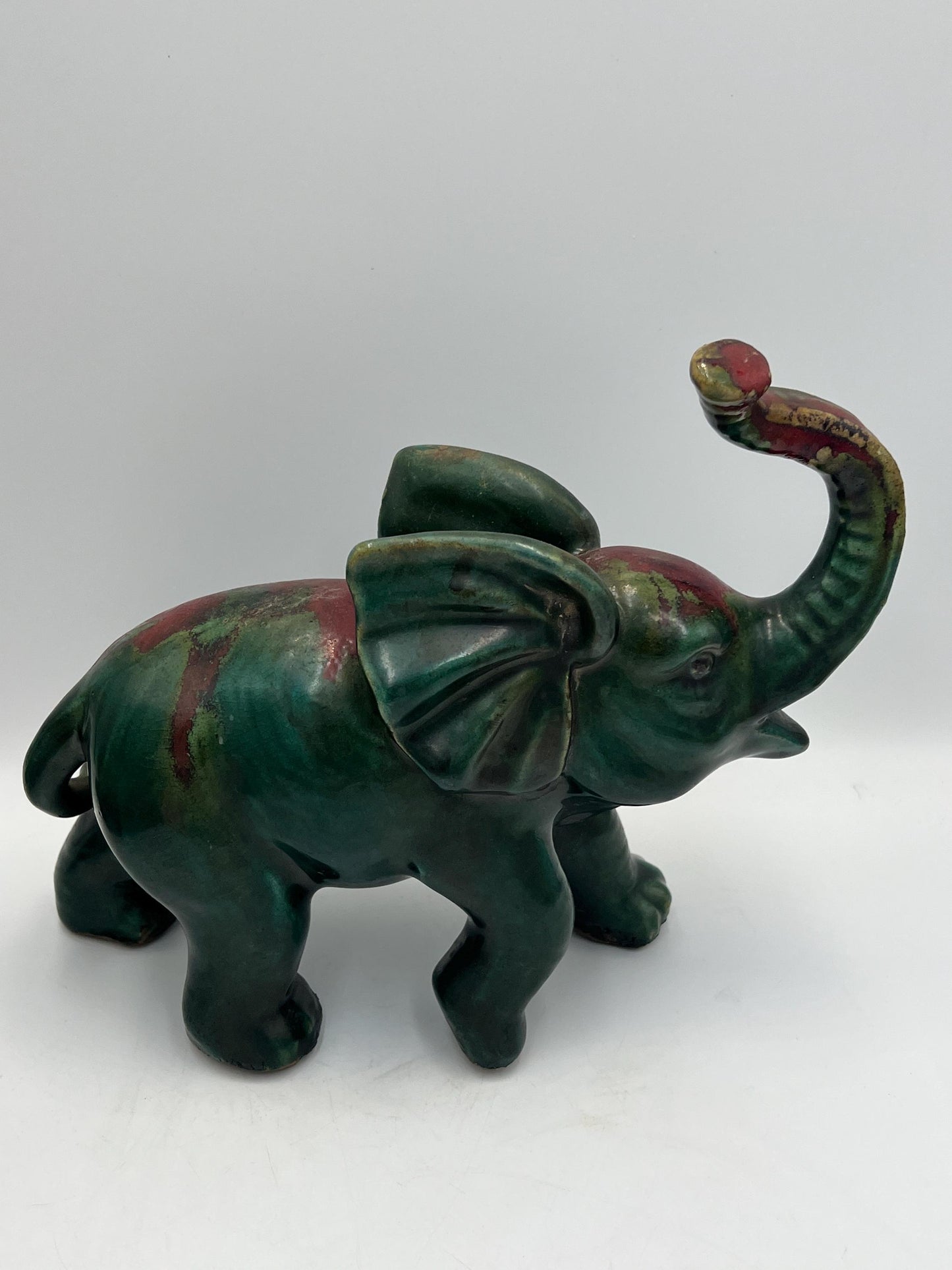 Elephant Figurine: Vintage Art Pottery (Green & Red Glaze)