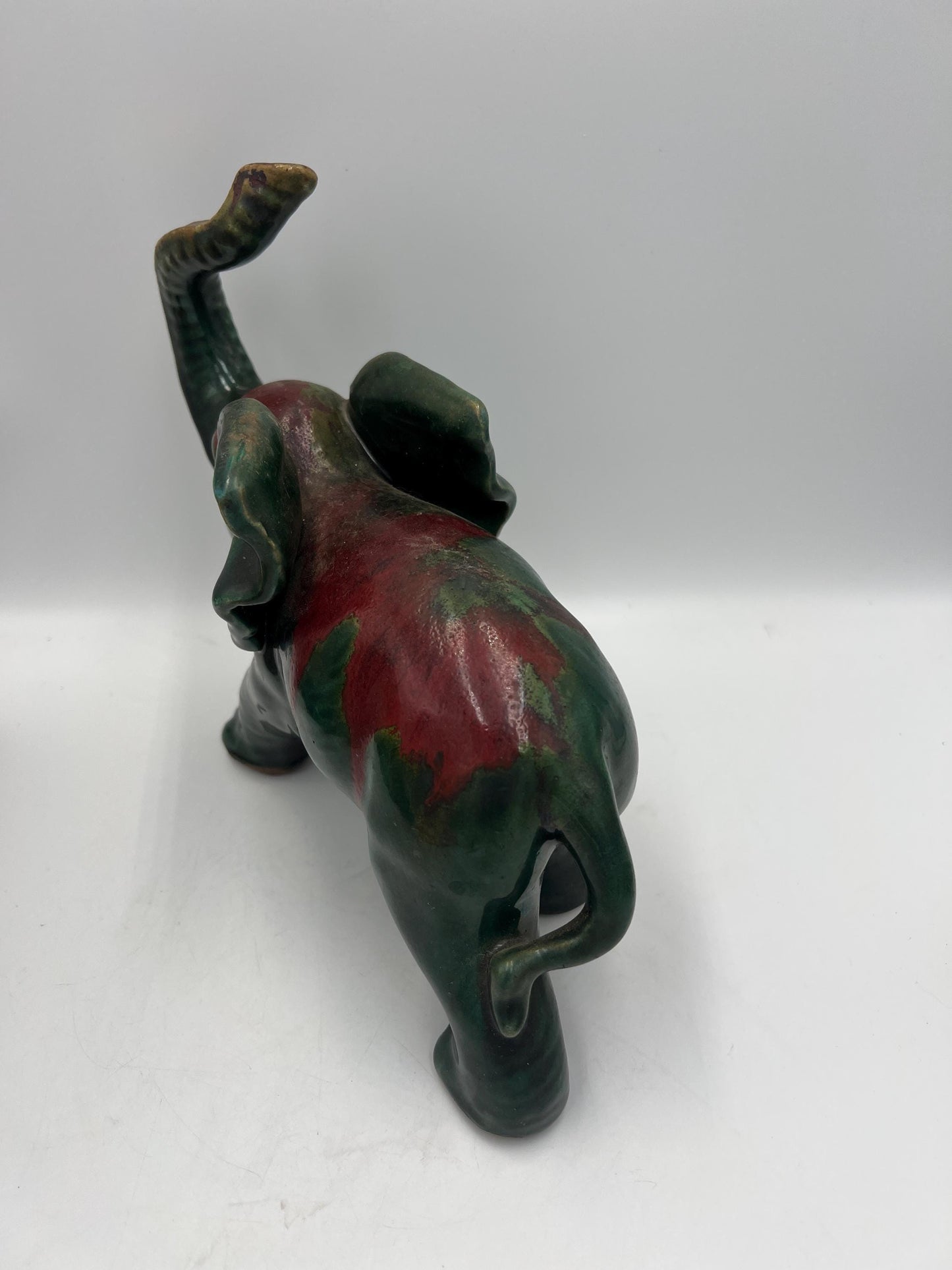 Elephant Figurine: Vintage Art Pottery (Green & Red Glaze)