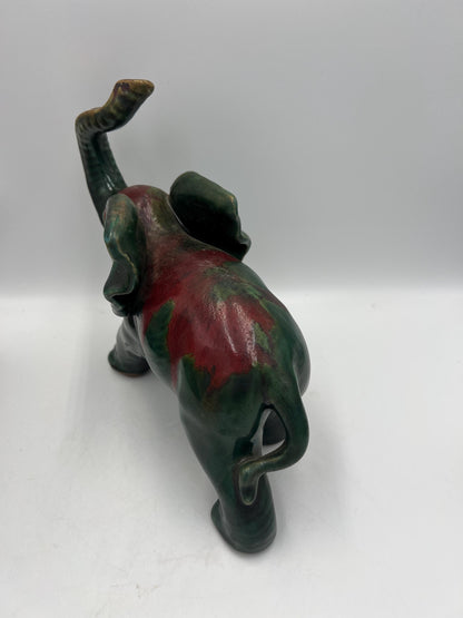 Elephant Figurine: Vintage Art Pottery (Green & Red Glaze)