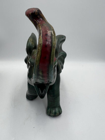 Elephant Figurine: Vintage Art Pottery (Green & Red Glaze)