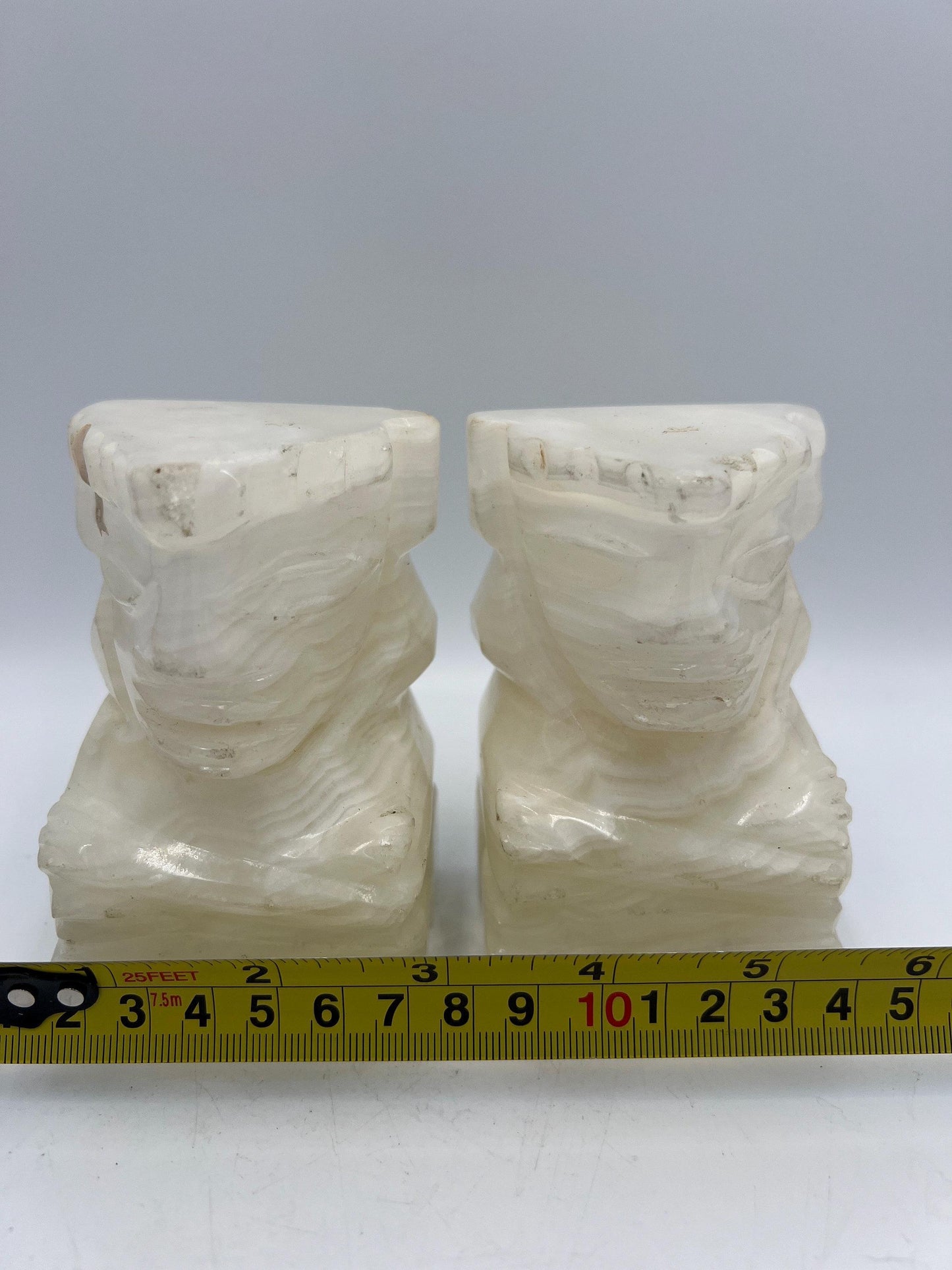 Vintage Carved Alabaster Onyx Stone Tiki Aztec Bookends 5" Tall