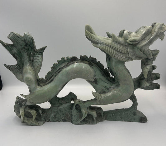 Vintage Hand-Carved Jadeite Dragon Statue: Collectible Jade Decor