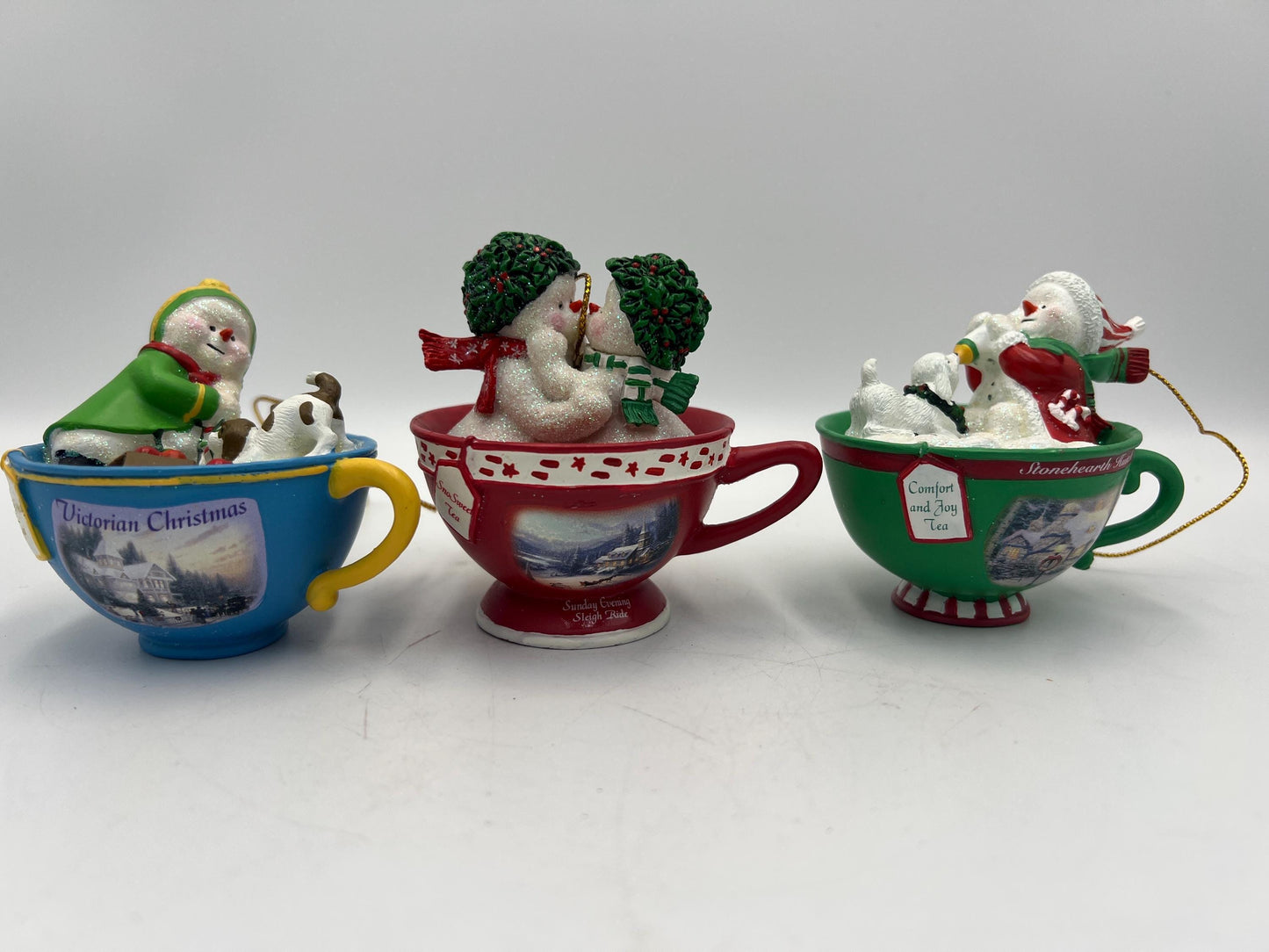 Thomas Kinkade Ornaments "Sweet Teas" Sets Snowmen in Teacups