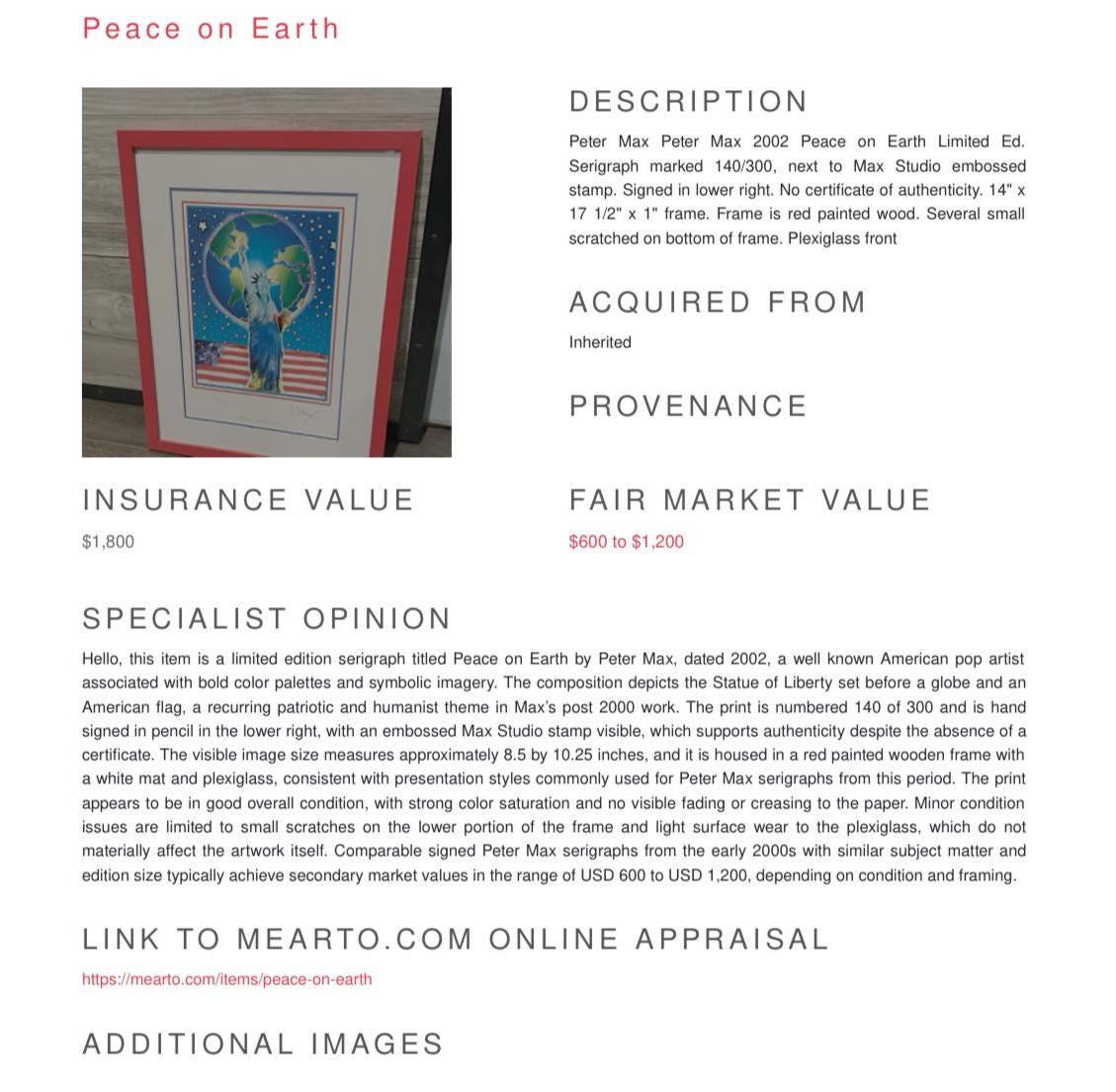 Peter Max, Peace on Earth, Limited Edition Serigraph