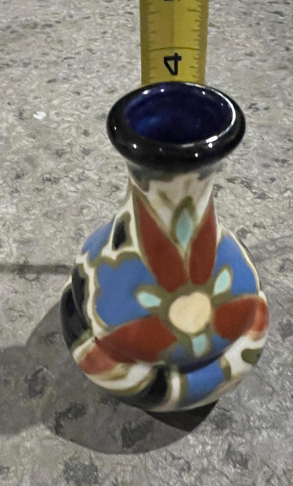 Vintage Gouda Style Lotus Vase: Blue Orange Floral Pottery