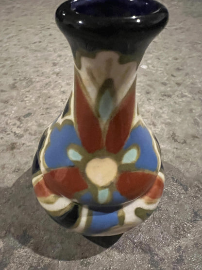 Vintage Gouda Style Lotus Vase: Blue Orange Floral Pottery