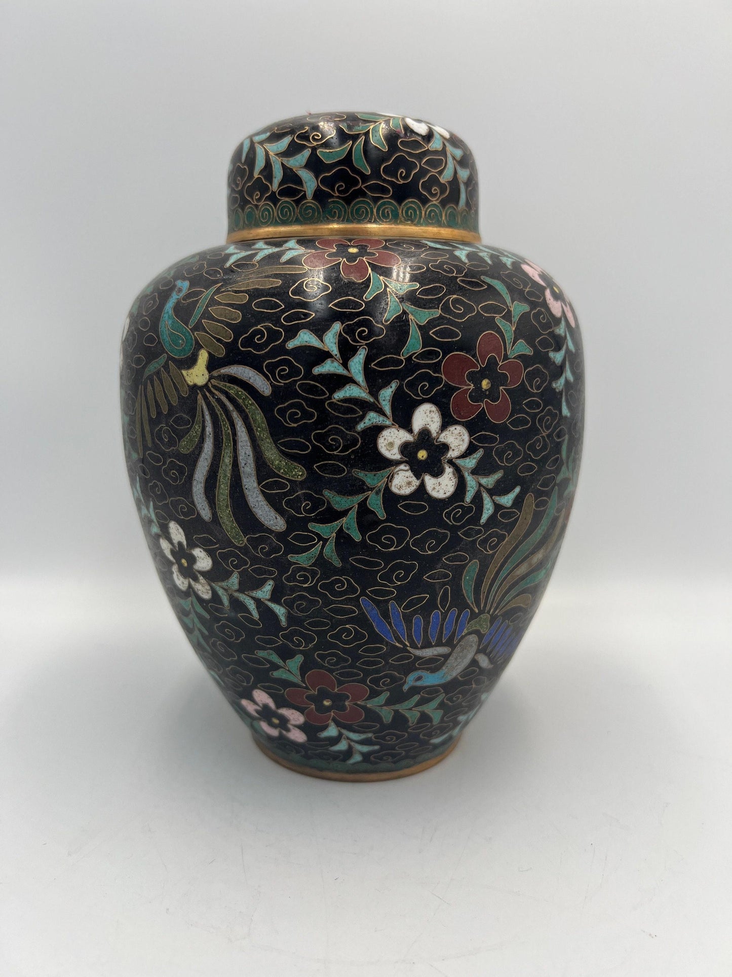 Asian Cloissone Black Ginger Jar with Floral Phoenix Design