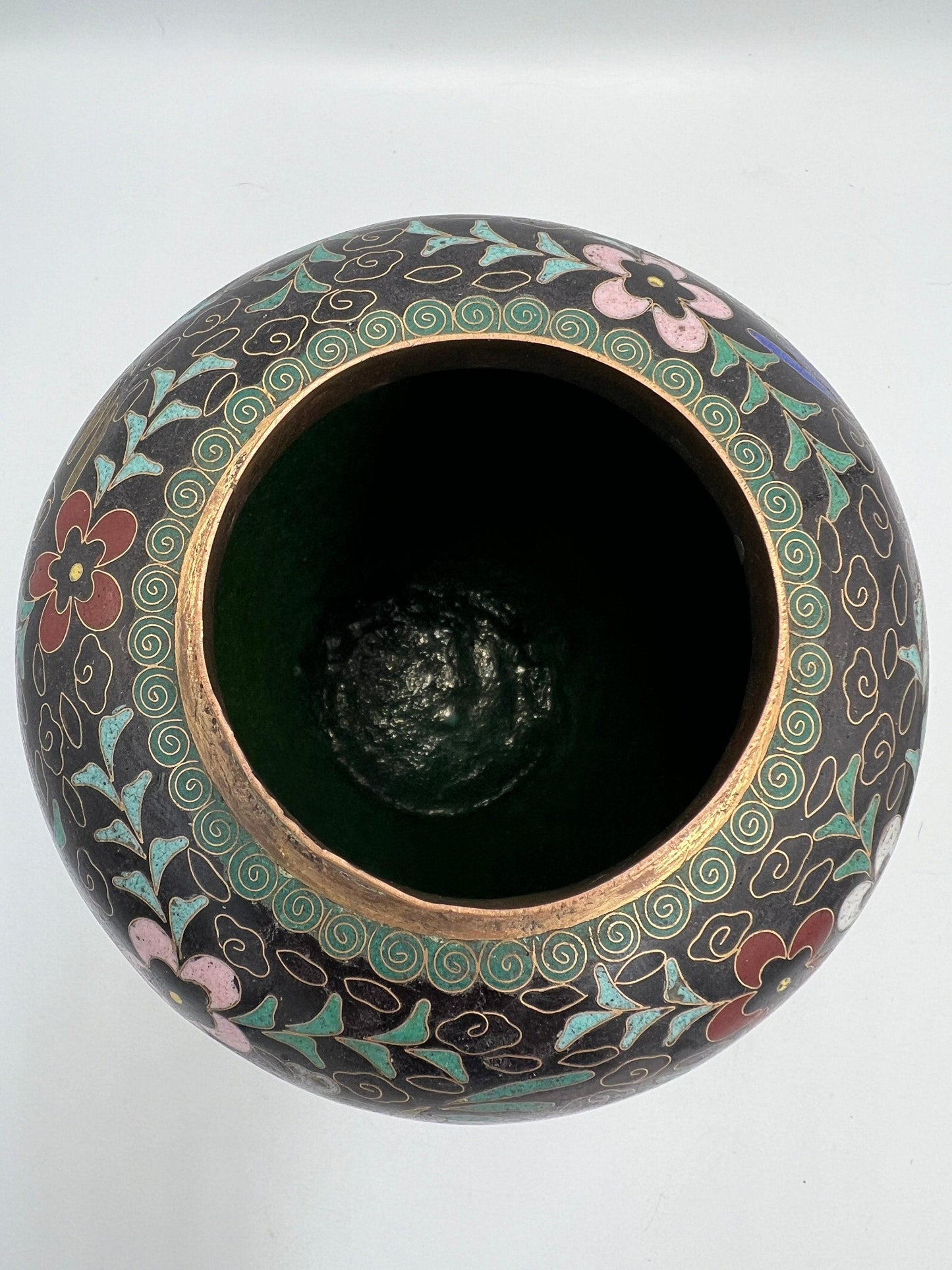 Asian Cloissone Black Ginger Jar with Floral Phoenix Design