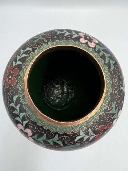 Asian Cloissone Black Ginger Jar with Floral Phoenix Design
