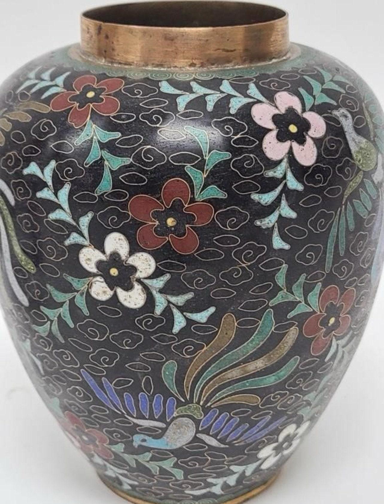 Asian Cloissone Black Ginger Jar with Floral Phoenix Design