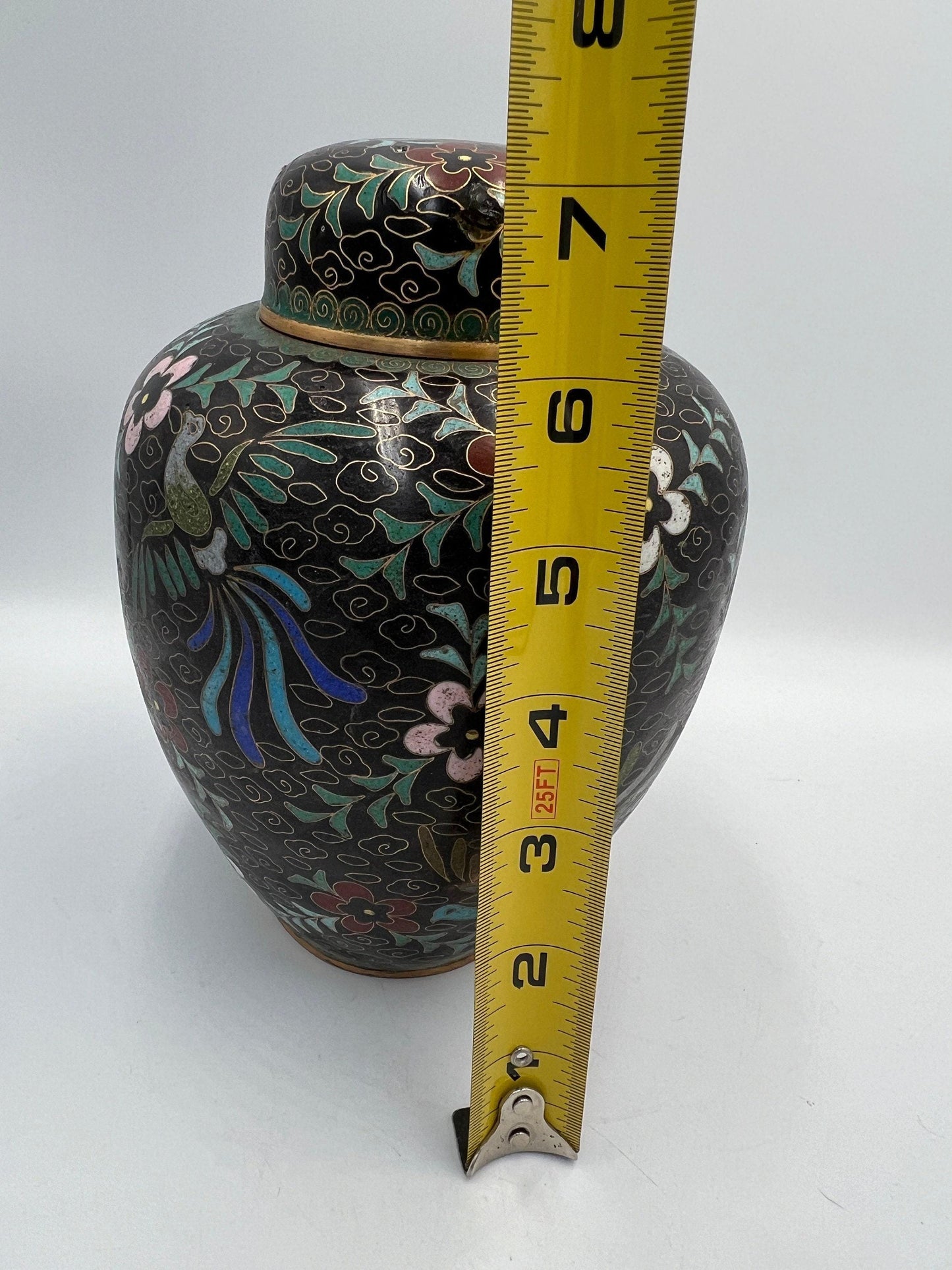 Asian Cloissone Black Ginger Jar with Floral Phoenix Design